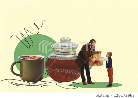 Heartwarming scene with father and son exchanging gifts beside cozy teapot and cup of holiday tea. Family warmth and Christmas spirit. Contemporary art collage. 120172968