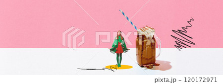 Girl dressed in Christmas tree-themed outfit standing next to festive hot chocolate with whipped cream and striped straw. Contemporary art collage. 120172971