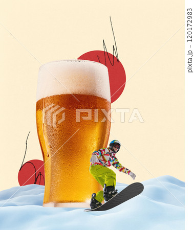 Dynamic winter scene with snowboarder riding beside glass of cold, frothy beer. Perfect for holiday and winter celebration. Contemporary art collage. Dynamic winter scene with snowboarder riding beside glass of cold, frothy beer. Perfect for holiday and winter celebration. Contemporary art collage. 120172983