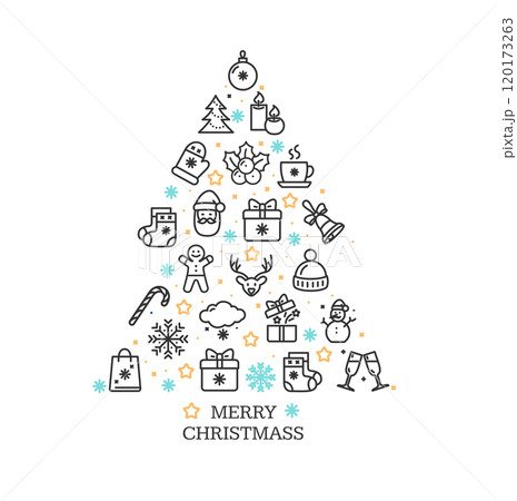 Merry Xmas Concept Placard Poster Banner Card Template Christmas Tree Shape with Thin Line Icon Set. Vector Merry Xmas Concept Placard Poster Banner Card Template Christmas Tree Shape with Thin Line Icon Set. Vector 120173263