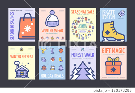 Winter Clothes and Holiday Leisure Concept Vertical Invitation Placard Poster Banner Card Template Set. Vector Winter Clothes and Holiday Leisure Concept Vertical Invitation Placard Poster Banner Card Template Set. Vector 120173293