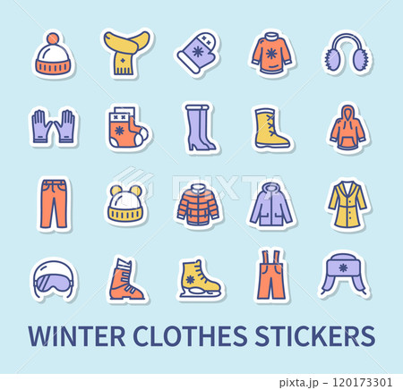 Winter Clothes Sticker Color Thin Line Icon Set. Vector 120173301