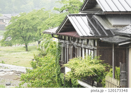 雨に濡れた新緑が美しい樹々と古民家 120173348