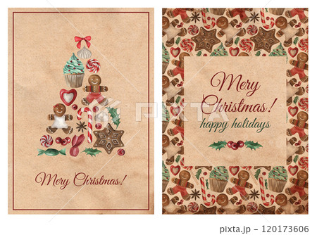 A set of vintage postcards for the Christmas holiday. Gingerbread cookies, cupcakes, lollipops, candies. The illustrations are hand-drawn in watercolor on a background of old paper For congratulations A set of vintage postcards for the Christmas holiday. Gingerbread cookies, cupcakes, lollipops, candies. The illustrations are hand-drawn in watercolor on a background of old paper For congratulations 120173606
