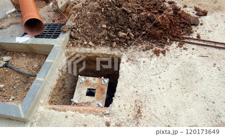 Workers laying communication lines on a construction site with open trenches and equipment in progress during daylight hours 120173649