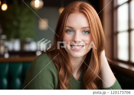 portrait beautiful young woman redhead smile with green eyes at pub 120173706