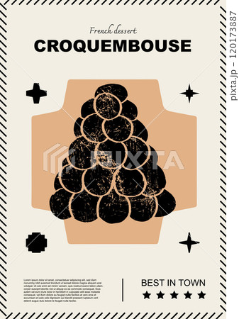 French Croquembouche. Price tag or poster design. Set of vector illustrations. Typography. Engraving style. Labels, cover, t-shirt print, painting. 120173887