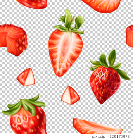 Seamless pattern with bright berries and strawberry slices. Sweet healthy dessert, cooking ingredients. Decorations for a festive table, a summer party. Hand-drawn illustrations, background Seamless pattern with bright berries and strawberry slices. Sweet healthy dessert, cooking ingredients. Decorations for a festive table, a summer party. Hand-drawn illustrations, background 120173978