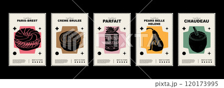 French Paris-brest, creme brulee, parfait, pears belle Helene, chaudeau. Price tag or poster design. Set of vector illustrations. Typography. Engraving style. Labels, cover, t-shirt print, painting. 120173995