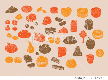 Big set of french sweets. Hand drawn colorful illustration of popular traditional desserts for cafe, bakery and restaurant menu. 120173998