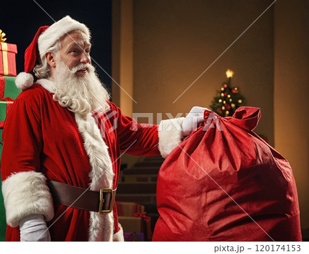 Santa Claus with a Gift Sack of Presents Left Under the Christmas Tree 120174153