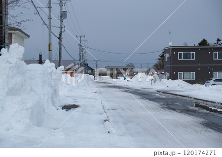 冬から移り変わり、春が近づき雪解けし始めた湧別町の道 冬から移り変わり、春が近づき雪解けし始めた湧別町の道 120174271