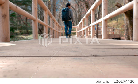 Low-angle view of one man walking on bridge, focusing on planks with blurred background. Male hiker with backpack, movement and exploration, against forest backdrop Low-angle view of one man walking on bridge, focusing on planks with blurred background. Male hiker with backpack, movement and exploration, against forest backdrop 120174420