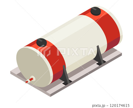 Isometric industrial fuel tank. Vector red and white storage cylinder for oil, fuel, water and gas 120174615