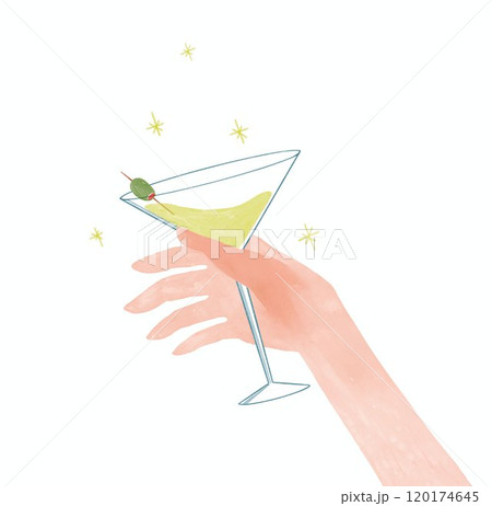 Hand with cocktail. Naive style watercolor illustration. Christmas clip art for invitation cards and presents. Hand with cocktail. Naive style watercolor illustration. Christmas clip art for invitation cards and presents. 120174645