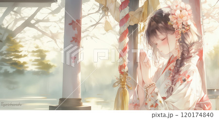 初詣をする女の子。水彩画風イラスト 初詣をする女の子。水彩画風イラスト 120174840