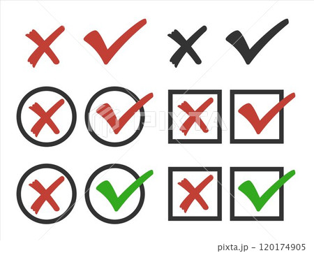 Tick and cross signs. False and true, right and wrong. Correct and incorrect, accept and reject. Green tick OK and red X cross. YES and NO. isolated on white. Digital content Tick and cross signs. False and true, right and wrong. Correct and incorrect, accept and reject. Green tick OK and red X cross. YES and NO. isolated on white. Digital content 120174905