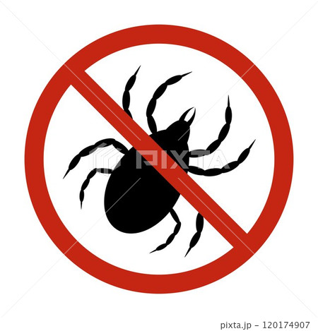 Stop ticks sign. Prevent a tick bite crossed out tick warning sign. Encephalitis, parasite, forbidden circle 120174907