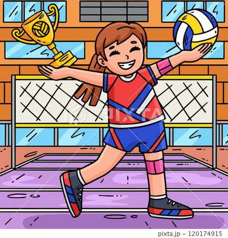 Volleyball Female Player with a Trophy Colored Volleyball Female Player with a Trophy Colored 120174915