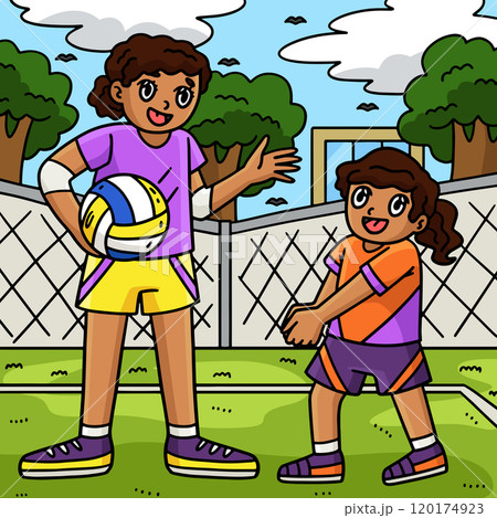 Volleyball Mother and Daughter Practicing Colored 120174923