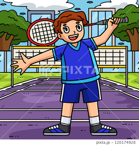 Badminton Player with a Racket Colored Cartoon  120174928