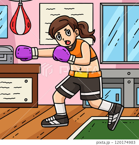 Boxing Female Boxer Punching Colored Cartoon 120174983