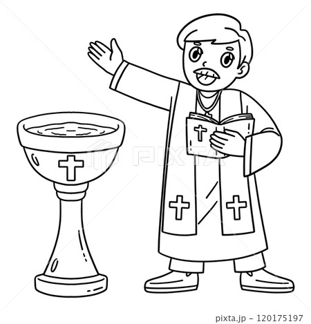 Baptism Priest and Baptismal Font Isolated  120175197
