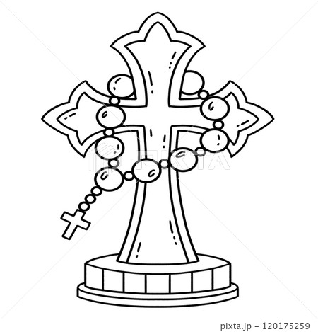 Baptism Cross with Rosary Isolated Coloring Page  120175259