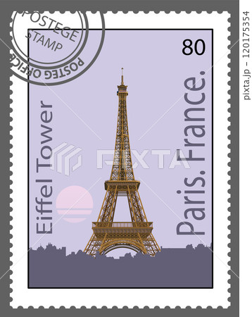 Postage stamp with the Eiffel Tower. Vector. 120175354