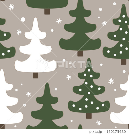 Simple abstract seamless pattern with cute fir trees and doodle snow. Christmas forest background, vector illustration Simple abstract seamless pattern with cute fir trees and doodle snow. Christmas forest background, vector illustration 120175480