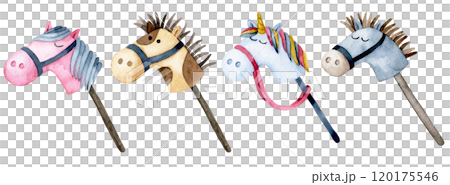 hobby horsing. set of cute watercolor illustration with a toy horse. cartoon hobby horsing. set of cute watercolor illustration with a toy horse. cartoon 120175546