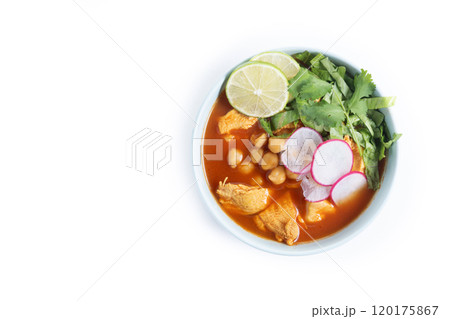 Traditional mexican red pozole soup isolated on white background 120175867