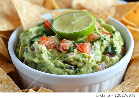 Homemade guacamole with lime and tortilla chips 120176079