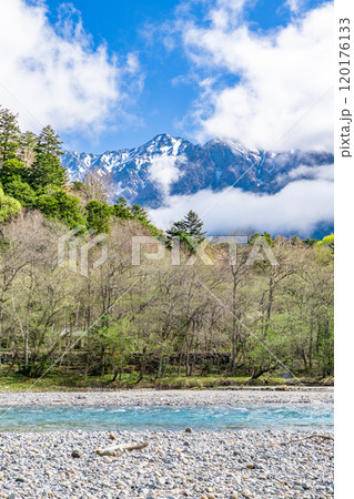 初夏の上高地自然遊歩道　早朝の森林浴ウォーキング　梓川と前穂高岳 120176133