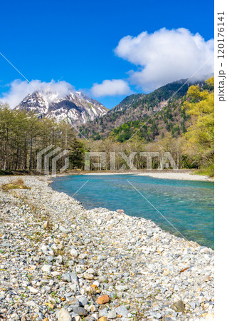 初夏の上高地自然遊歩道　早朝の森林浴ウォーキング　梓川と焼岳 120176141