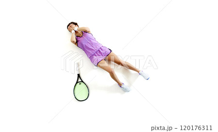 Lying down with her face in her hands, female tennis player expresses passion and struggle of game against white studio background. 120176311
