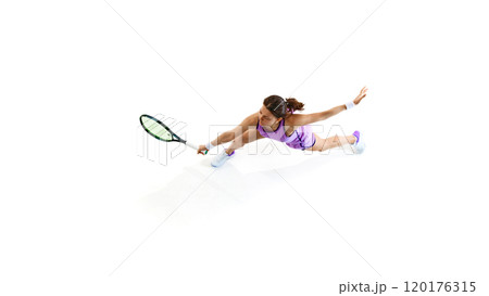Female tennis player stretches forward in powerful reach for ball, ready to strike against white studio background. Female tennis player stretches forward in powerful reach for ball, ready to strike against white studio background. 120176315