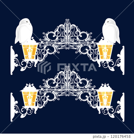 magic arch entrance decor with white snowy owls and lamps vector design set 120176458