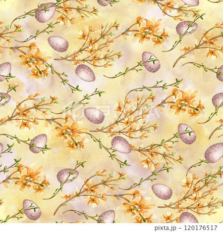 Seamless pattern with first yellow spring flowers and Easter eggs isolated on watercolor background. Floral Easter print. Blooming forsythia branch hand drawn. For package, wrapping paper 120176517