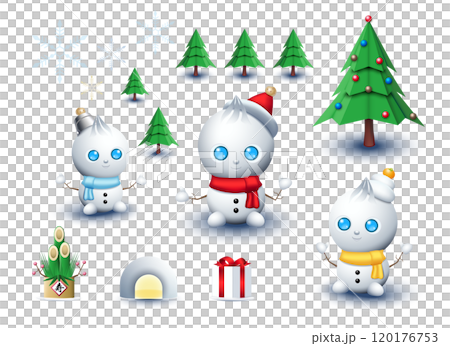 雪だるま｜冬景色・クリスマス・お正月・新年のセット 120176753