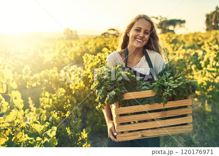 Grown better and it tastes better. Shot of a young woman holding a crate full of freshly picked produce on a farm. Grown better and it tastes better. Shot of a young woman holding a crate full of freshly picked produce on a farm. 120176971