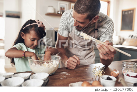 In family life, love is the oil that eases friction. Shot of a father teaching his daughter how to bake in the kitchen at home. 120177006