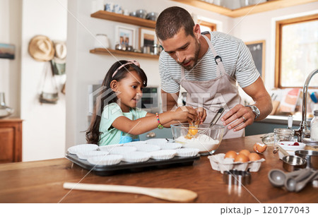 Adding all the ingredients to make some delicious cupcakes. Cropped shot of a young man baking at home with his young daughter. Adding all the ingredients to make some delicious cupcakes. Cropped shot of a young man baking at home with his young daughter. 120177043
