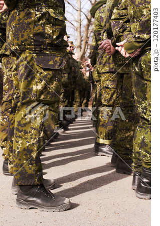 Time for inspection. A group of soldiers standing at attention. Time for inspection. A group of soldiers standing at attention. 120177403