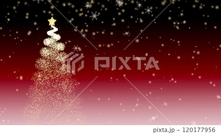 キラキラの光でできたクリスマスツリー 雪が降る赤背景 キラキラの光でできたクリスマスツリー 雪が降る赤背景 120177956