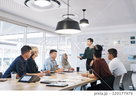One dynamic team doing business. Shot of a group of businesspeople having a meeting in a modern office. 120177979