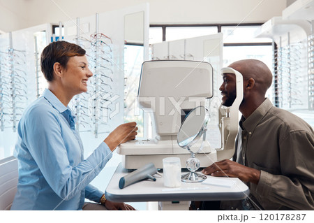 Eye care thats clearly the best. Shot of an optometrist examining her patients eyes with an autorefractor. 120178287