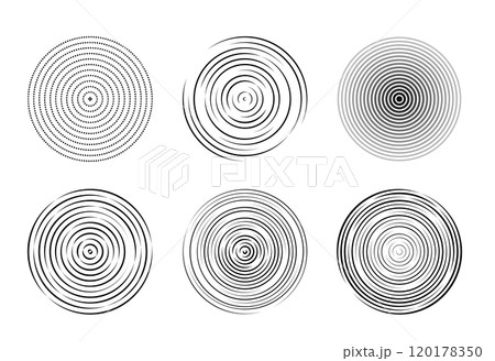 Line concentric circles vector set. Radial signal, sonar wave, geometric icons collection Line concentric circles vector set. Radial signal, sonar wave, geometric icons collection 120178350