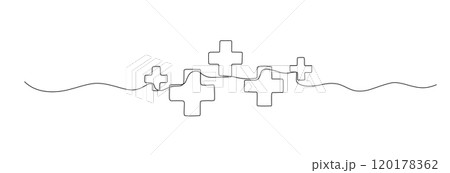 Plus one line drawing. Vector cross continuous illustration isolated on white background 120178362