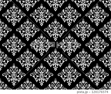 Wallpaper in the style of Baroque. Seamless vector background. White and black floral ornament. Graphic pattern for fabric, wallpaper, packaging. Ornate Damask flower ornament. Wallpaper in the style of Baroque. Seamless vector background. White and black floral ornament. Graphic pattern for fabric, wallpaper, packaging. Ornate Damask flower ornament. 120178374